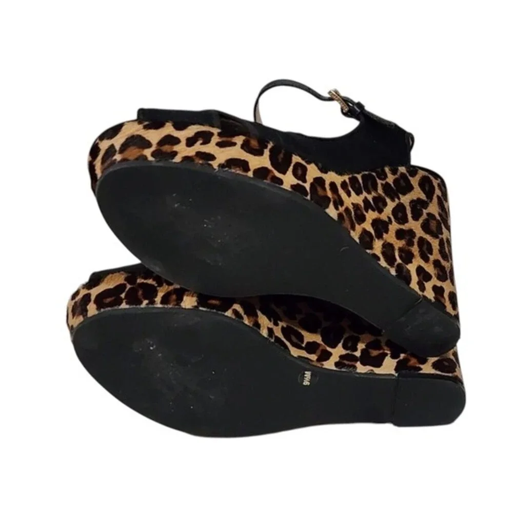 Tory Burch Black Criss Cross Leopard Print Wedge Platform Heels Sandals 9.5‎